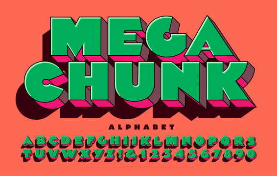 Mega Chunk; an ultra heavy and fat alphabet in brash colors with graphic 3d effects