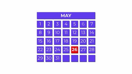 26th May calendar icon animation. Alpha matte with transparent background 4K resolution.