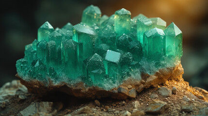Emerald with relief crystals relief elements that create crystalline forms on the surface of the emer - obrazy, fototapety, plakaty