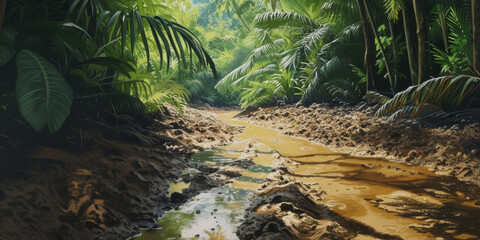 close up a muddy quicksand in a tropical forest, generative AI