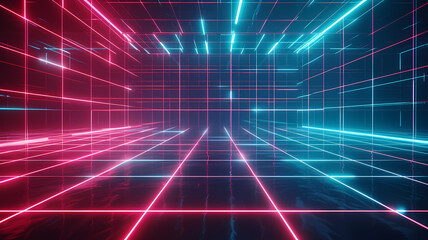 Hi-Tech Abstract Backdrop Creativity in Cyan Blue and Red Neon Grids Background