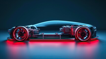 Futuristic electric sport fast car chassis and battery packs with high performance or future EV. - obrazy, fototapety, plakaty