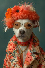 Retrato de perro Bull Terrier vestido con un traje alegre y floreado y lleva gafas ı Generado con IA
