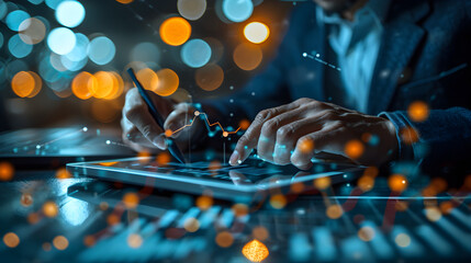 Business analytics and financial technology concept. Businessman analysing financial graph growth chart, using digital tablet, working at office, business and financial background