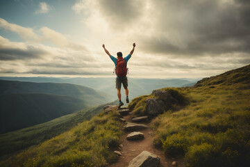 Fototapeta premium Hiker with raised hands standing on top of a mountain and enjoying the view.nature,climate.