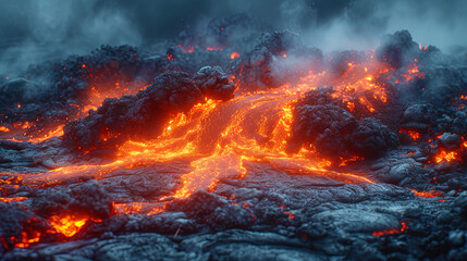 Hot flows of lava, creating bright spots and contrasts in their pat