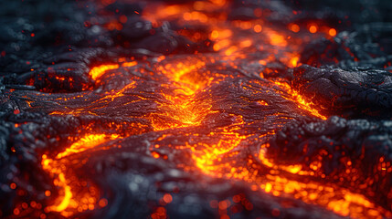 Hot flows of lava, creating bright spots and contrasts in their p - obrazy, fototapety, plakaty