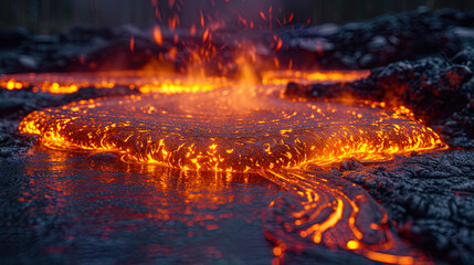 Hot flows of lava, creating bright spots and contrasts in their pa