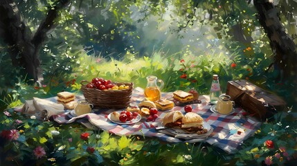 Fototapeta premium Picnic in the Park: A charming painting of a summer picnic with a checkered blanket, delicious treats, and a backdrop of greenery.