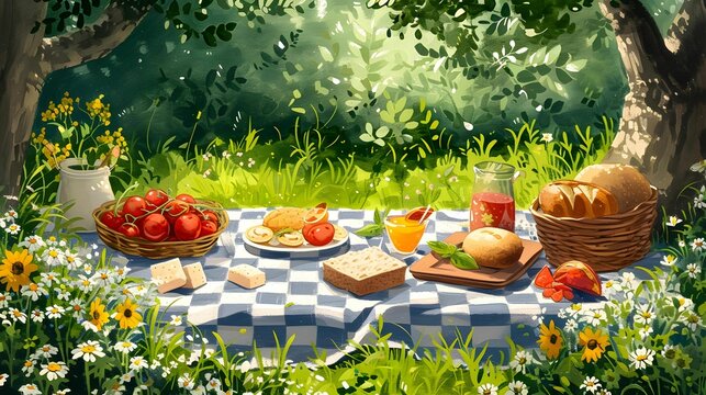 Picnic in the Park: A charming painting of a summer picnic with a checkered blanket, delicious treats, and a backdrop of greenery.