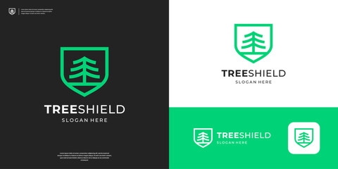 Shield and tree logo design with line art style.