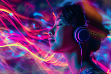 Asian woman wearing headphones, enjoying music flow, feeling emotions in vibrant colour vibes, colourful dynamic sound waves and abstract digital light effects covering her hair