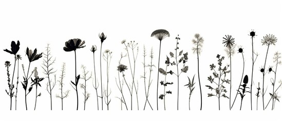 Black silhouettes of grass, flowers and herbs isolated on white background. - obrazy, fototapety, plakaty