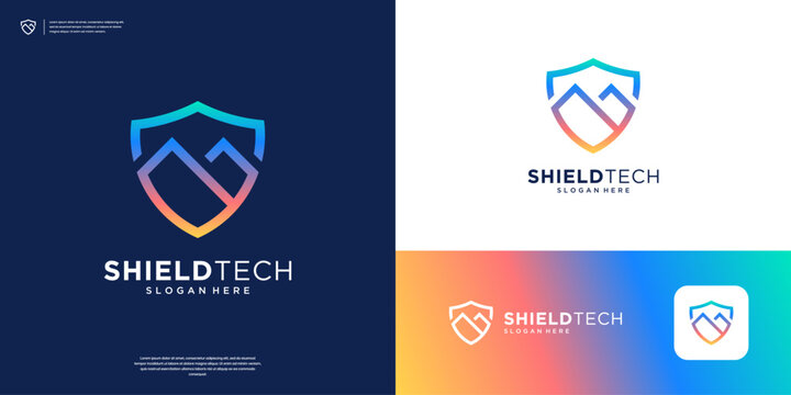 Colorful shield logo with mountain in modern line art.