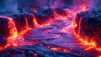 Fototapeta premium Lava flows with harmonious transitions from bright red to dark purp