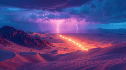 Lightning in the desert arrows of light piercing sand dunes, create the impression of mystery and immens