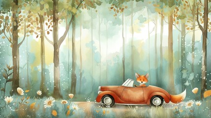 Fox rides in a retro car. Watercolor illustration. Children's decor. Forest landscape