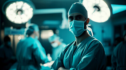 Photo of a male doctor performing surgery in an operating room. Generative AI