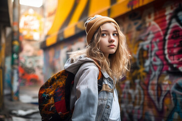 Fototapeta premium An angled shot of a teenage girl exploring hidden alleys and discovering local street art. Use a mid-range perspective to emphasize her curiosity and the artistic details.