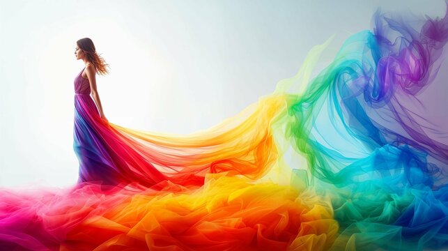 Elegant woman in a flowing rainbow dress, ideal for fashion advertising and celebratory event visuals