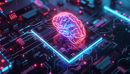 a neon circuit board has an image of a brain - obrazy, fototapety, plakaty