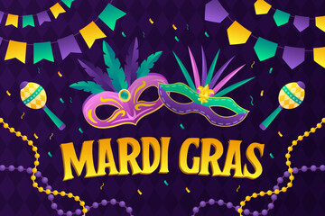 gradient mardi gras background illustration with mask, confetti, beads, and maracas