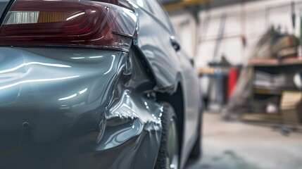 Car Repair, Close-Up of Grey Car's Rear Bumper Dent, Preparation for Painting - obrazy, fototapety, plakaty