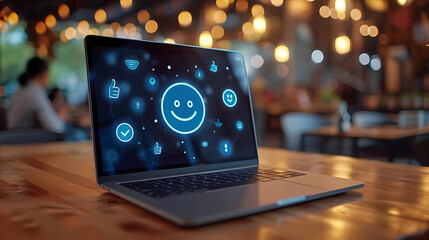 A laptop with a thumbs up icon and a smiley face - obrazy, fototapety, plakaty