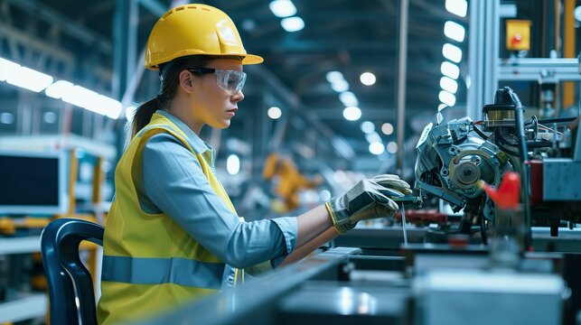 Confident Female Worker, Operating High-Tech Machinery in Automotive Manufacturing