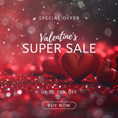 Valentine's super sale banner with sparkling hearts and bokeh lights background.