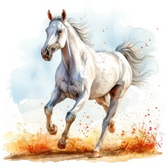 white horse running in the watercolor style with a white background