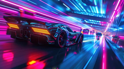 Deurstickers The neon race track lined with towering neon pillars casting an otherworldly glow as sports cars of all colors and designs race by in a blur. © Justlight