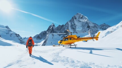 Rescue helicopter landing at snow mountains and skating snowboarder - obrazy, fototapety, plakaty