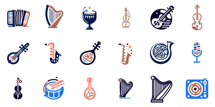Diverse Music Instrument Icons,, Logo-like Visuals Vector Set