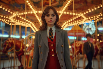 Fototapeta na wymiar Beautiful young redhead white woman in gray classic formal jacket, red vest with gold buttons, tie, white shirt in amusement park against background of carousel with horse looks forward. Bokeh lights