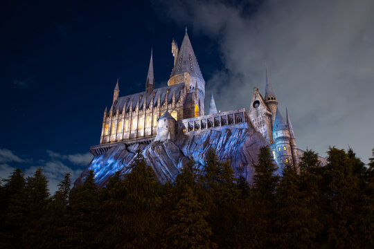 Osaka, Japan - Dec 31, 2023: Hogwarts castle the Wizarding World of Harry Potter in Universal Studios Japan in night