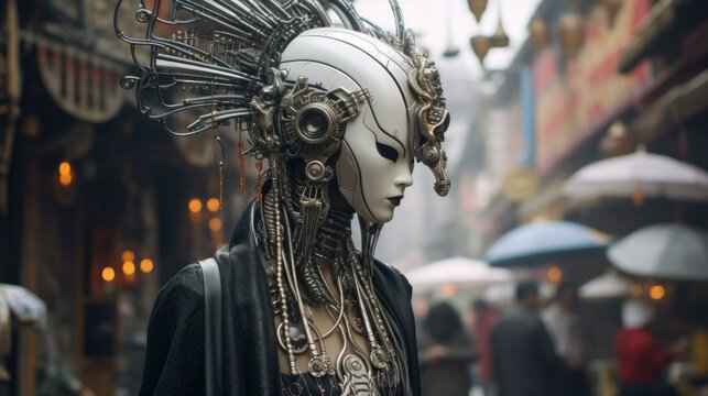 Fototapeta A woman wearing a futuristic black and white mask and headdress, walking in a city street at night. Generative AI.