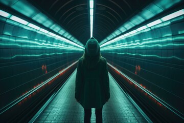 A person standing in a dark tunnel with a green light. Generative AI.