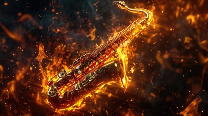 A fiery saxophone solo ignites the stage as flames twist and turn to the rhythm of the music. - obrazy, fototapety, plakaty