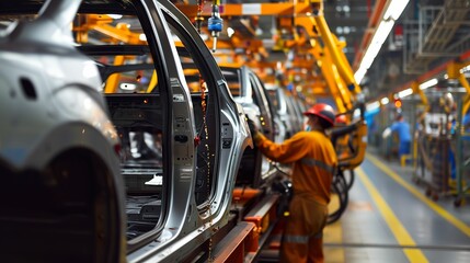 Industrial Manufacturing, Worker on Auto Factory Production Line
