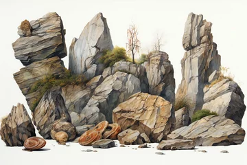 Crédence de cuisine en verre imprimé Gris A mountain landscape with rocks and stones on a white background