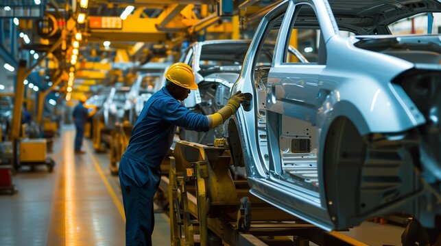 Industrial Manufacturing, Worker on Auto Factory Production Line