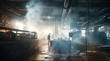 The hazy environment of the factory is a constant presence as workers operate machinery and handle materials in a sea of smoke.
