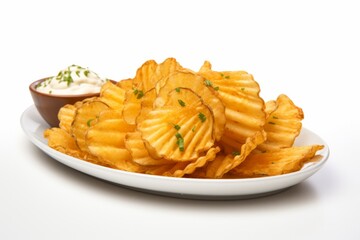 Crinkle-Cut Loaded Baked Potato Chips, Showcased in a Tempting Presentation on an Isolated White Backdrop, Generative AI