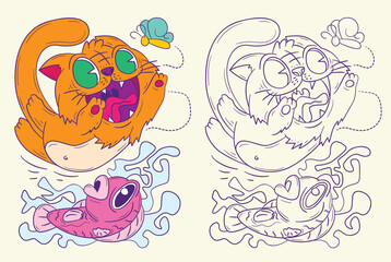 cute animal doodle illustration for coloring page drawing book