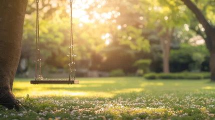 Foto op Plexiglas A swing hanging from a tree in a park with flowers on the grass © Media Srock
