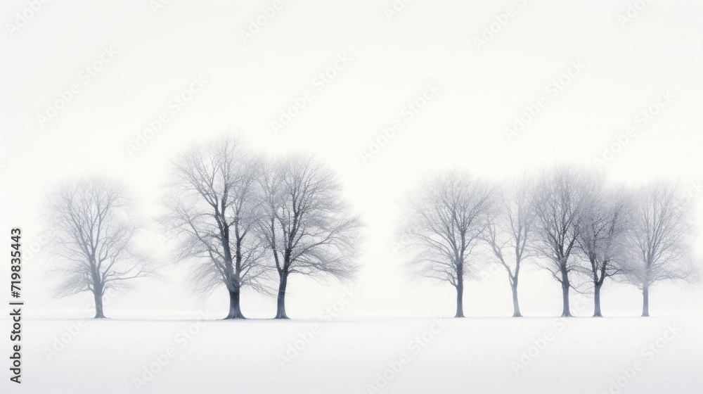 Poster a group of trees standing in a snowy field, surrounded by a thick fog that adds a sense of mystery a