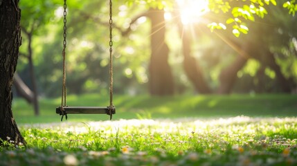 A swing hanging from a tree in a park with flowers on the grass - obrazy, fototapety, plakaty