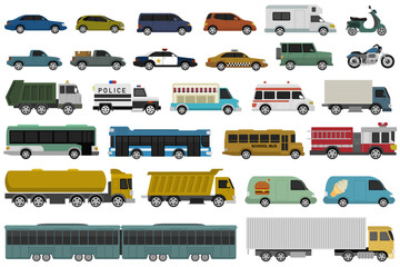 Flat vector icon collection of various vehicles