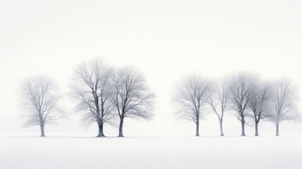 A group of trees standing in a snowy field, surrounded by a thick fog that adds a sense of mystery and enchantment.